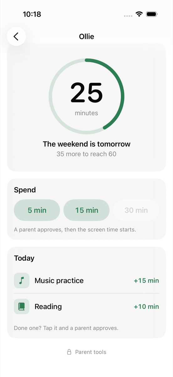 Brain Bank on iPhone: a progress ring showing 25 minutes saved toward a 60-minute weekend goal, spend buttons, and today's routines.